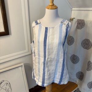 CHARLIE B White and Blue Striped Linen Sleeveless Button-Shoulder Top
